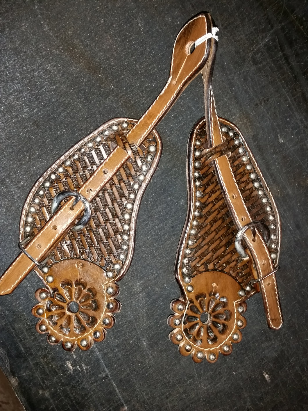 Basket Weave Tooled Spur Straps with Silver Spots