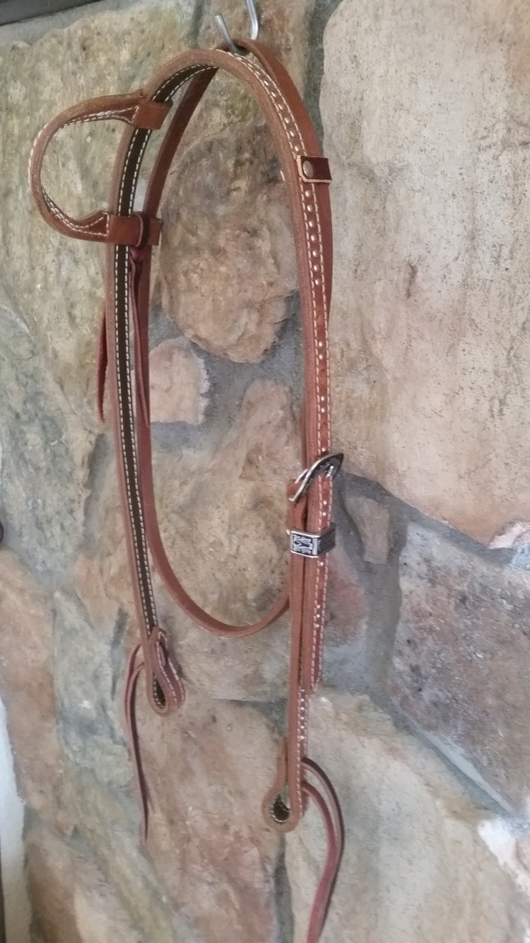 Stitched Leather One Ear Headstall with throatlatch,  Silver Dots & Navajo Buckle