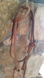 Stitched Leather One Ear Headstall with Throatlatch,  Silver Dots & 6 Shooter Buckle