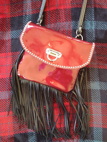 Black Fringed Cherry Red Patent Leather Pocket Purse