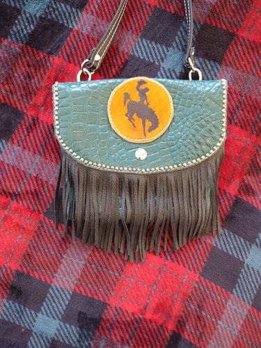 Wyoming Bucking Horse Emerald Green Fringed  Leather Pocket Purse