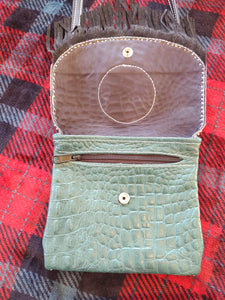 Wyoming Bucking Horse Emerald Green Fringed  Leather Pocket Purse