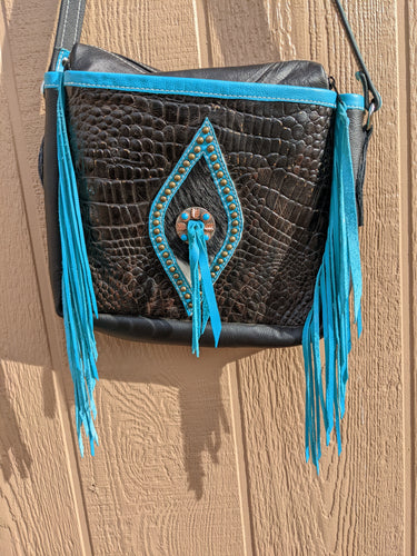 Teal and Black Fringed Purse with Decorative Concho
