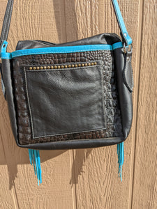 Teal and Black Fringed Purse with Decorative Concho