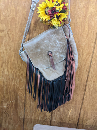 Distressed Leather Purse with Dual Colored Fringe