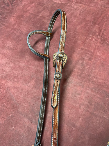 Stained One-Ear Headstall with Brown and Copper Flower Buckles