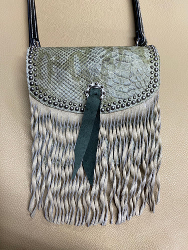 Light Green Reptile Pattern Pocket Purse with Curly Fringe