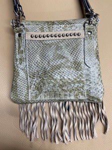 Light Green Reptile Pattern Pocket Purse with Curly Fringe