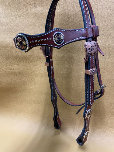 Brown Brow-Band Headstall with Black, Copper and Gold Conchos