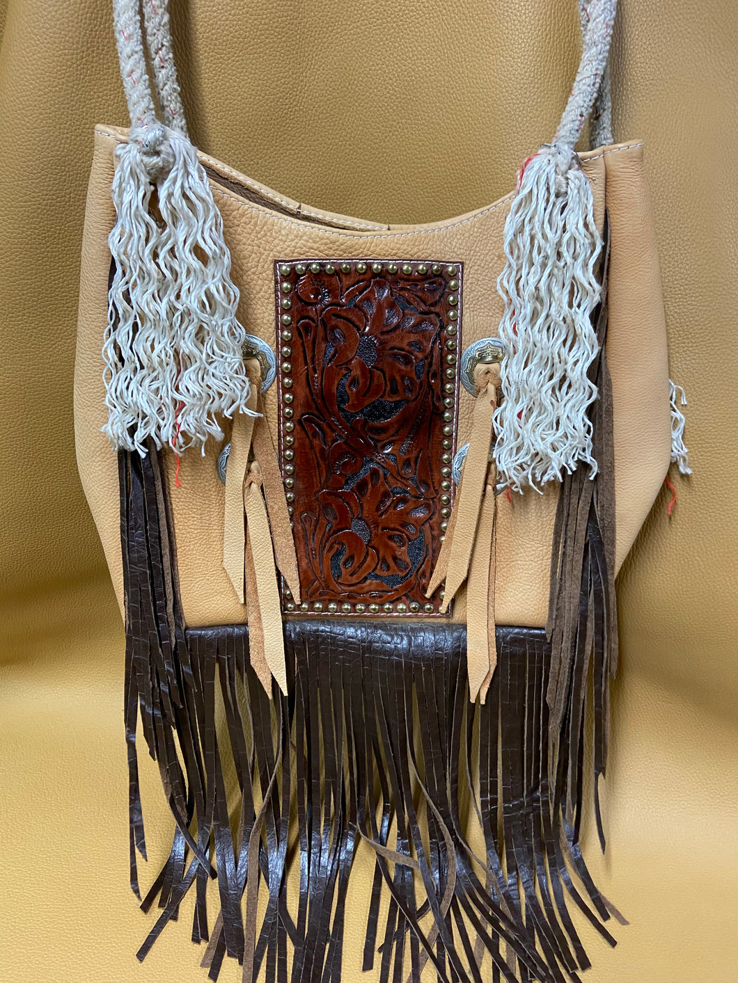 Rope Handled Fringed Leather Purse with Tooled Front Panel