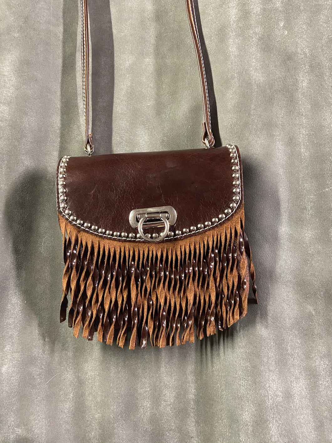 Two-Tone Brown Pocket Purse with Curly Fringe