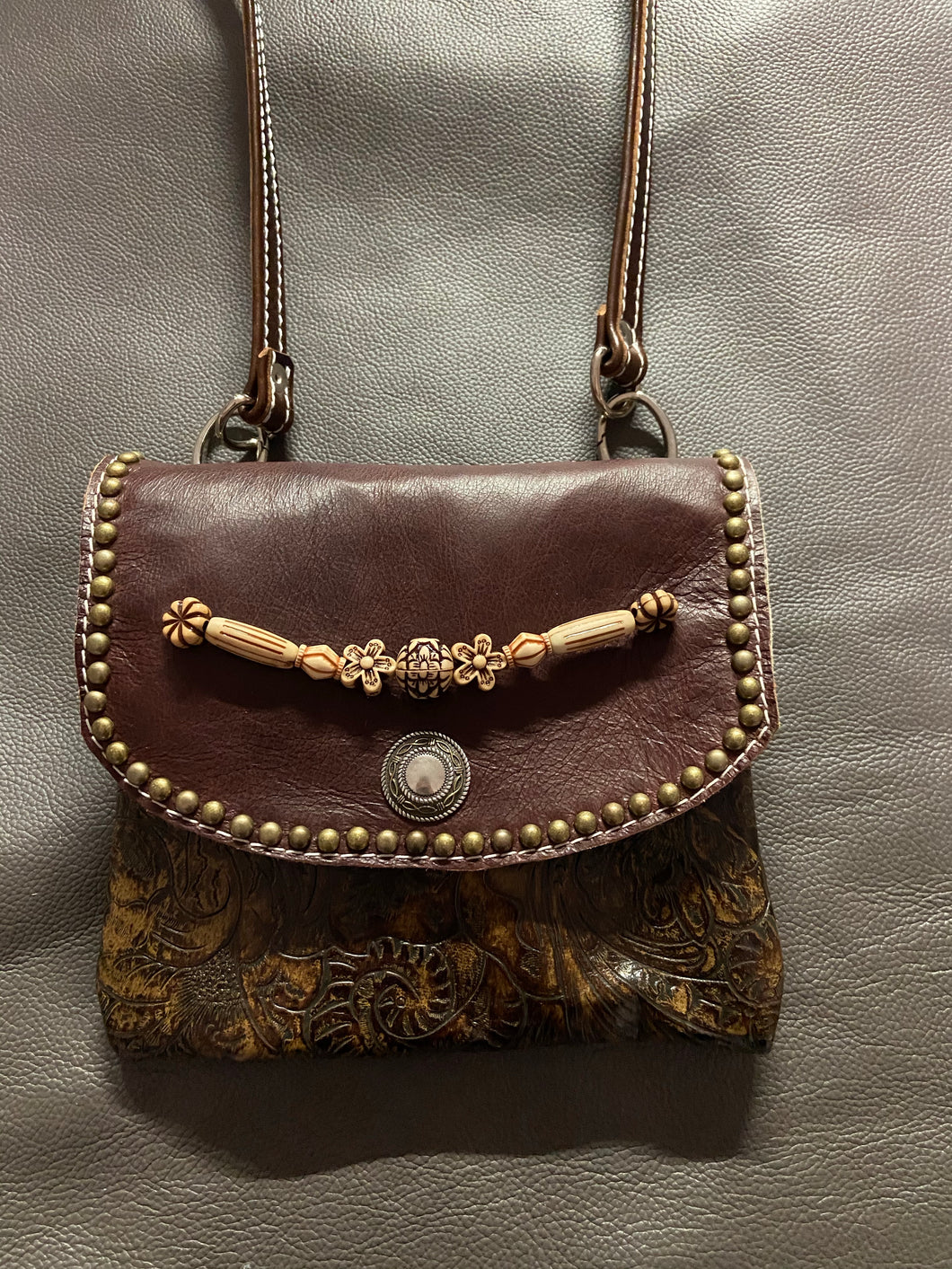 Brown Patterned Pocket Purse with Flap Bead Design