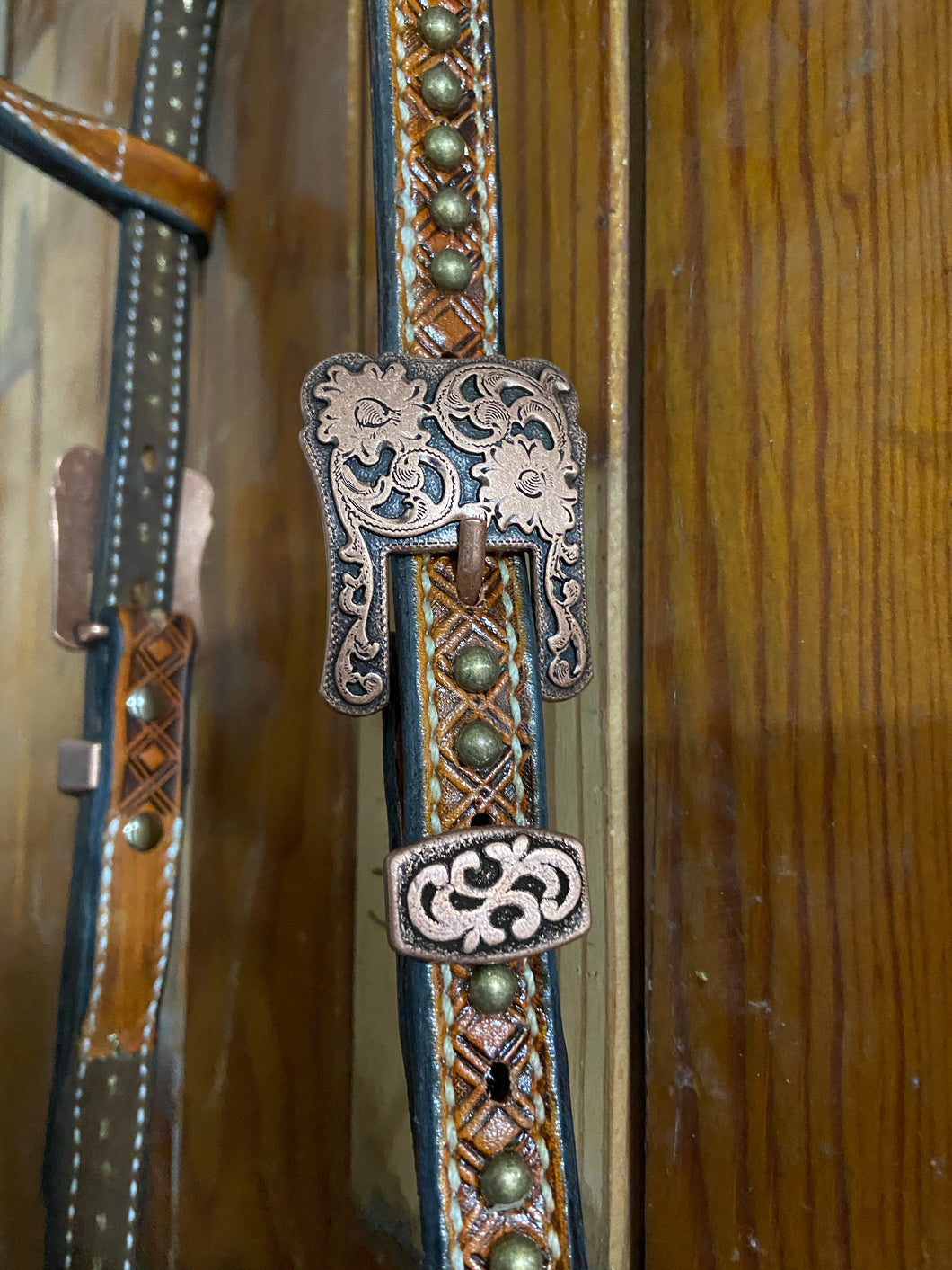 Stamped One-Ear Headstall with Copper Flower Buckle
